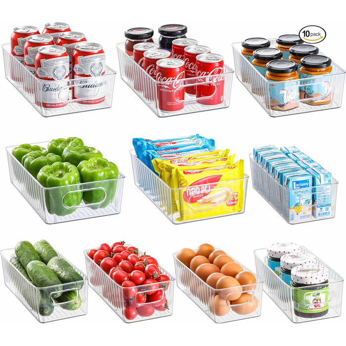Refrigerator Organizer 10-Piece Set, Transparent Storage Boxes Organizer, High-Quality Pantry Food Storage Containers with Handle for Refrigerator, Kitchens, Cabinets - BPA Free