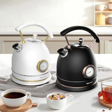 Електричний чайник Tro 1.8 л, нержавіюча сталь, 3 кВт, швидке кип'ятіння, регулятор температури, LED-підсвітка, автовимкнення, для дому, кухні, офісу, розкішного готелю (матова чорна та рожева золота)