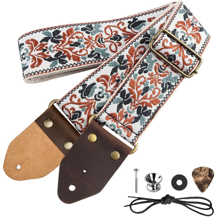 Гітарний ремінь з бавовни для акустичної гітари, 2 шт., вишиті ремені для бас-гітари, електрогітари та акустичної гітари, безкоштовна пряжка, замок для ременя та медіатор (Retro-gold-jacquard)