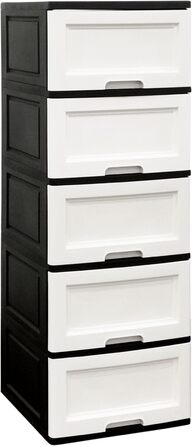 Chest of drawers 44x50x127 cm with 5 large XXL drawers, 40 liters per drawer, featuring fronts in beautiful candy colors and a modern look. Made from recyclable PP plastic (Black / White, Pine) for the environment.