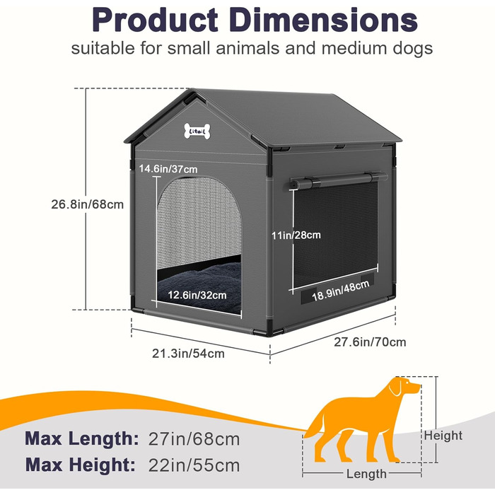 Будка для собак великого розміру для дому з м'яким лежаком, сіра. Стабільна, водонепроникна, підходить для малих та середніх собак, 68.6 x 53.3 x 68.6 см