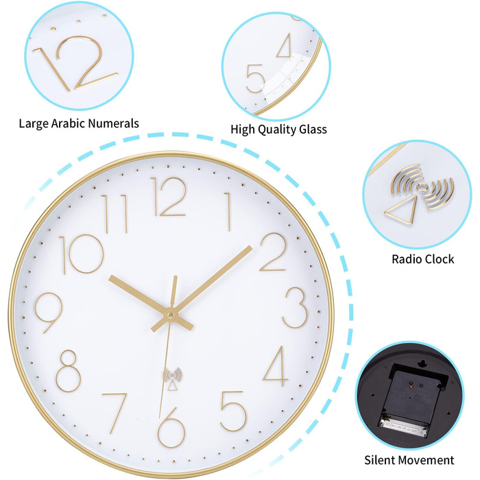 VIVILINEN Radio-Controlled Wall Clock Silent Wall Clock No Ticking Sound Modern Radio-Controlled Wall Clock Silent Wall Clock Non-Ticking Hanging Clock for Living Room Bedroom Office Kitchen 30x30cm / 12 inches