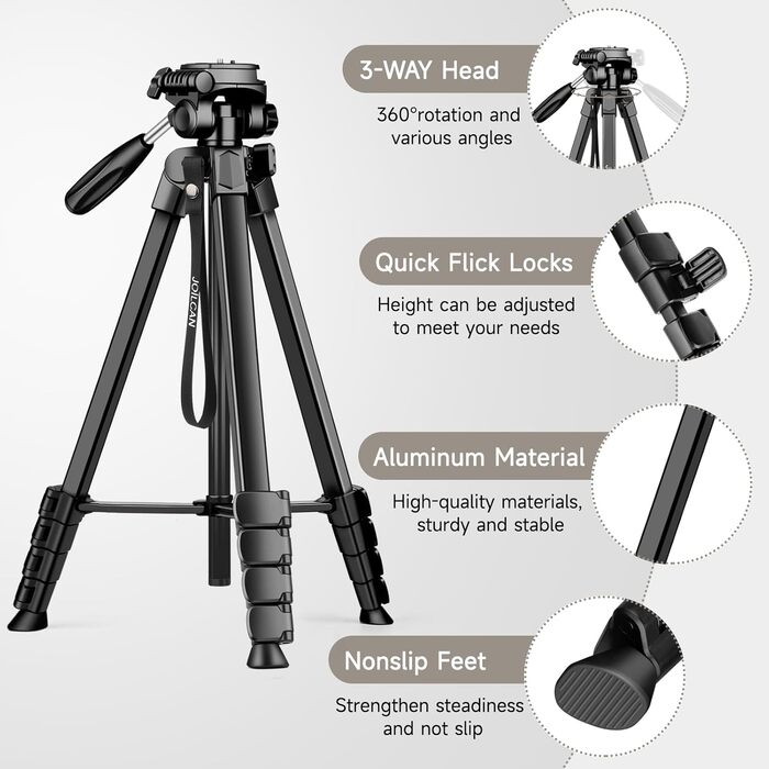 Штатив для камери JOILCAN 210.8 см: легкий трипод для смартфона, камери та селфі-палки з кульковою головкою 360° та пультом дистанційного керування. Алюмінієвий штатив з триножиною для Canon, Nikon, DSLR. Чорний.