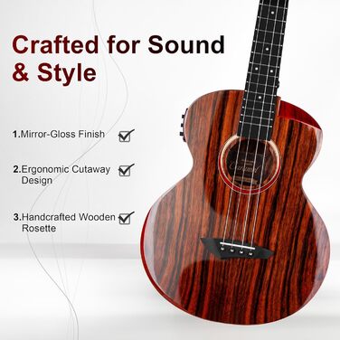 Гуталеле Caramel GEG95 з бокоте, глянцеве покриття | Акустична та електрогітара з аксесуарами для подорожей | 30' Baritone, чорне ебоні | Професійний набір, ручної роботи