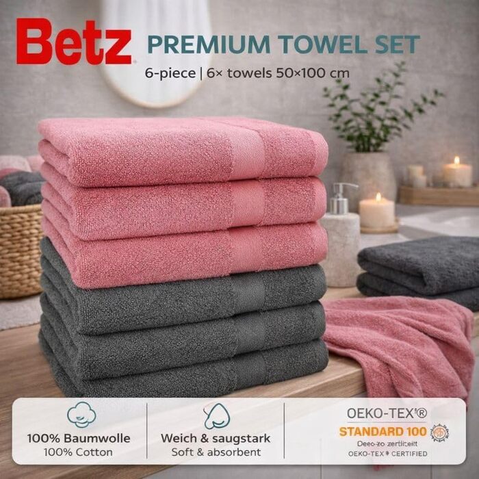 Набір рушників Betz Premium 6 шт, 50x100 см, 100% бавовна, 470 г/м², м'які та гігроскопічні, Oeko-TEX, колір: старе роже / антрацит