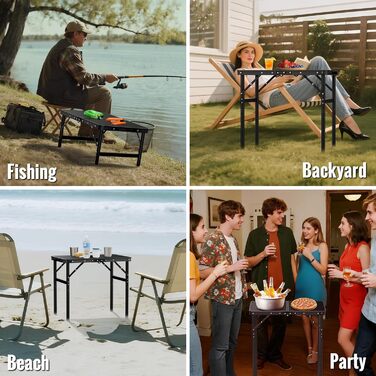 Складний кемпінговий стіл GARLLEN 60x40 см, регульована висота (27/51/75 см), чорний - для пікніка, саду, балкону, пляжу