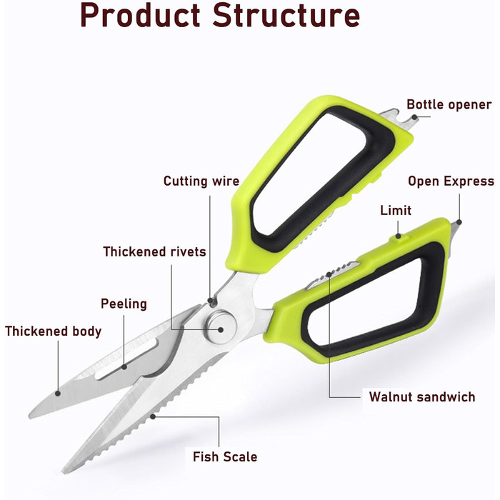 The multifunctional scissors, poultry shears, and seafood shears. This three-piece set meets most kitchen needs, premium heavy-duty scissors.