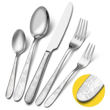 Набір столових приборів EIUBUIE з нержавіючої сталі 30 предметів, з квітковим малюнком, полірований, для 6 осіб, для дому та вечірок, можна мити в посудомийній машині