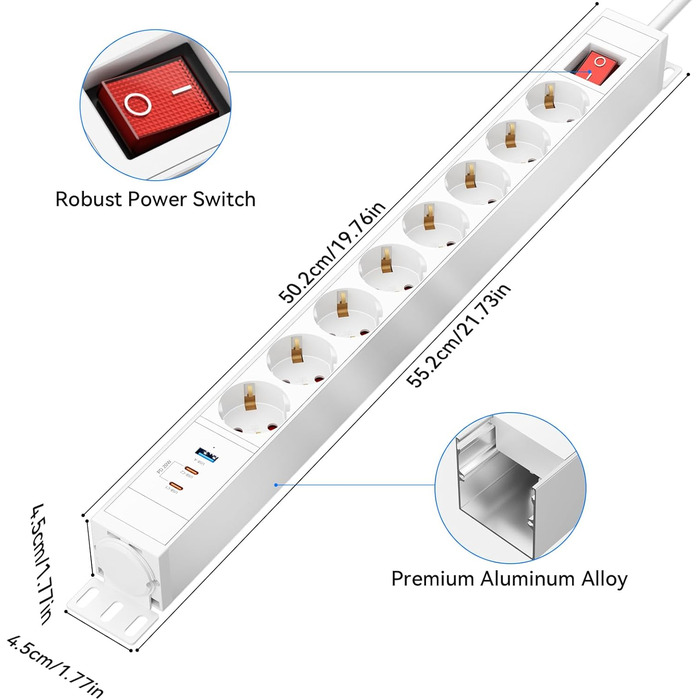 Мережевий фільтр із захистом від перенапруги, 10 розеток, поворотний на 360°, для стін, кабель 1.8м, 16A/4000W, для офісу та дому, чорний
