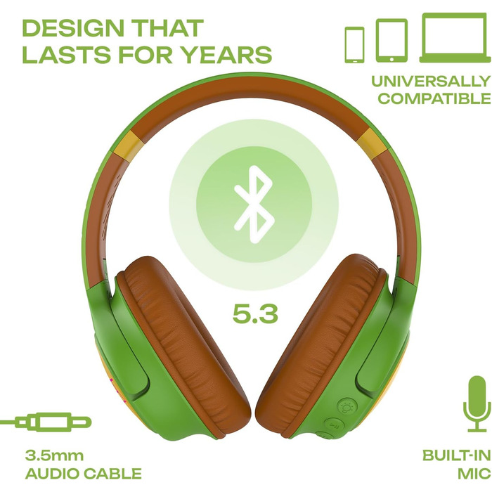 Дитячі навушники PowerLocus Bobo Bluetooth з LED-підсвічуванням та обмеженням гучності, Over-Ear, з мікрофоном для дітей, сумісні з телефоном/планшетом, для подорожей