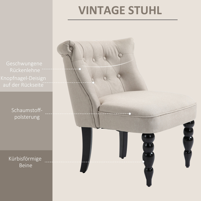 HOMCOM Vintage Armchair, Recliner Chair, Upholstered Chair 67x67x78 cm, Linen Cover, Wooden Frame, Beige and Black, ideal for Dining Room & Living Room