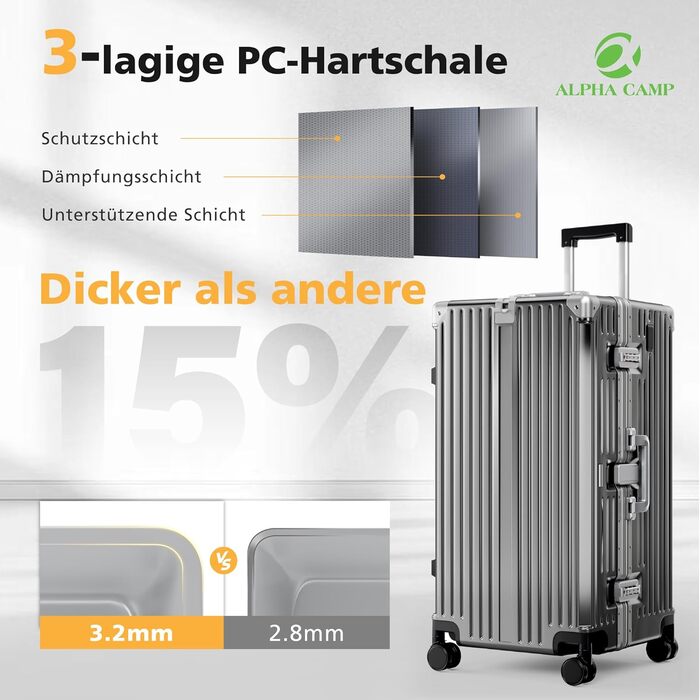 Чемодан ALPHA CAMP XL з алюмінієвим каркасом та полікарбонатною оболонкою, TSA-замок, 40x36x77 см, 93 л, темно-сірий, для подорожей