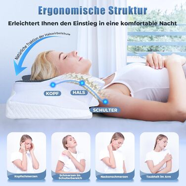 Подушка для шиї SAHEYER з Memory Foam, ортопедична, ергономічна, для сну на боці, 60x35.5x10/13 см (сіра)