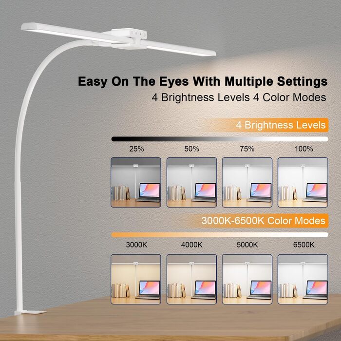 LED настільна лампа EppieBasic 24W з регулюванням яскравості, 80см, з кріпленням, захистом для очей, гнушим шийкою, для офісу, монітора, робочого місця, з таймером, чорна