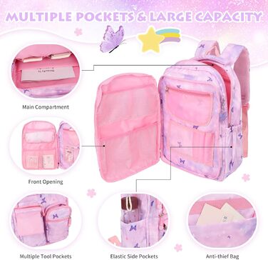 Рюкзак шкільний для дівчинки Schulrucksack, 43x35x17 см, фіолетовий з метеликами, для дітей 5-10 років, велика місткість