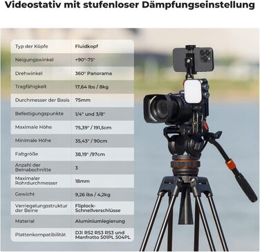 Штатив для камери K&F CONCEPT VA3+BV10: професійний відеоштатив з поворотним кріпленням, 184 см, для DSLR та відеокамер