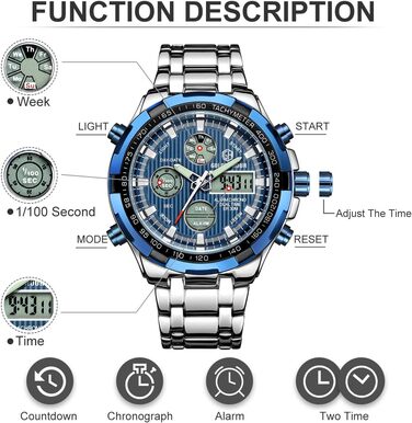 Чоловічий годинник з хронографом: надійний годинник з нержавіючої сталі, водонепроникний, з датою та будильником, аналогово-цифровий дисплей (сріблястий, блакитний)