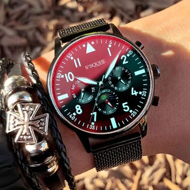 Чоловічий годинник, автоматичний механічний, чорний аналоговий, з датою, з нержавіючої сталі. Ремінець S-подібний, спортивний годинник, подарунок