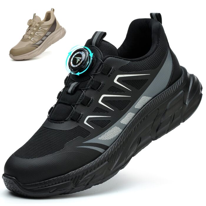 Черевики безпеки для роботи: чоловічі та жіночі, зручні, з металевим носком, легкі, дихаючі, для промисловості, з поворотними пряжками та шнурівками, 42 EU, чорні