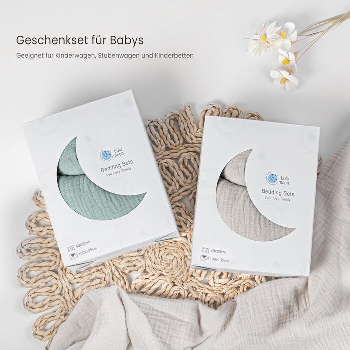 Набір постільної білизни для дитячого ліжечка Lulumoon з мусліну 100x135 см: простирадло 100x135 см + наволочка 40x60 см з бавовни Oeko-TEX Standard – легка та комфортна постільна білизна для малюків. Теплий сірий колір, зірки, 100x135 см + 40x60 см