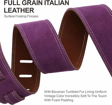 Гітарний ремінь Nefelibata з повного нубуку, 76 см, з підкладкою з піни та петлею для зберігання кабелю, для акустичної, бас та електрогітари (Лавандовий фіолетовий)