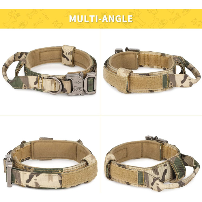 Тактичний нашийник для собак Huntvp, регульований, з ручкою, з нейлону, з підкладкою, металева застібка, для середніх собак, полювання, дресирування, відпочинок, Outdoor, камуфляж L