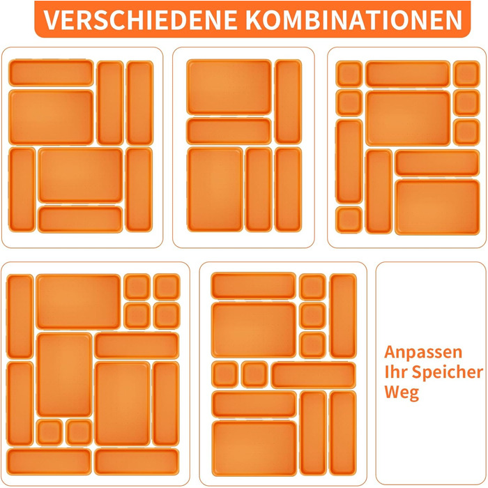 45 Piece Drawer Organizer Set for Office with 3 Sizes, Vanity Makeup Organizer Drawer, Storage Desk Organizer Drawer System for Kitchens, Bedrooms, Bathrooms, Office, Grey (3 - Sizes, Orange (45 Pieces))