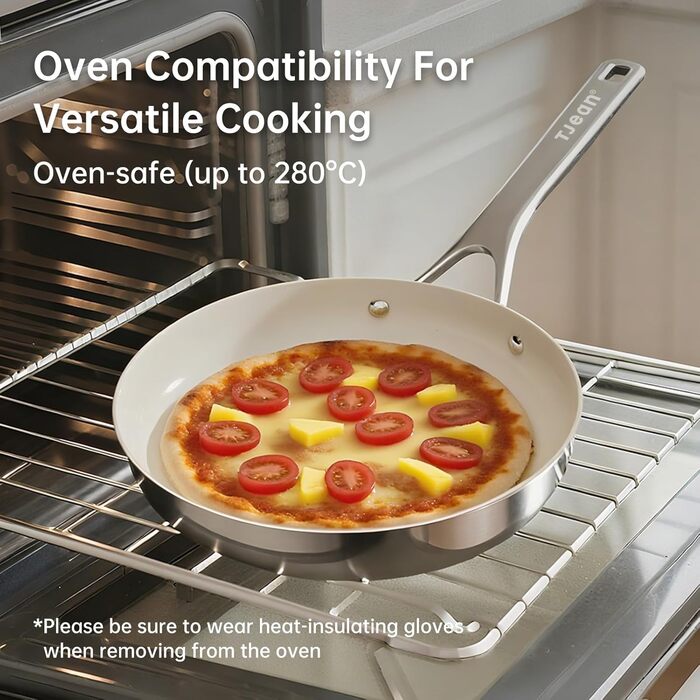 Набір антипригарних сковорідок Tjean з керамічним покриттям (без PTFE, PFOA, PFAS) з нержавіючою ручкою, підходить для індукційних, газових, електричних плит та духовки до 280°C (кремово-білий, 20+24+28 см)