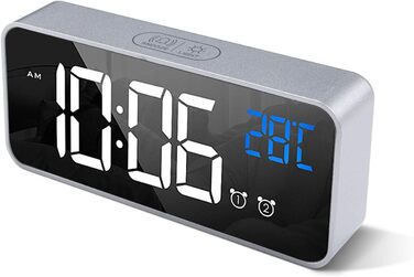 Будильник HOMVILLA Digital з великим LED-дисплеєм температури, подвійний будильник, повтор, регулювання яскравості та 10 мелодій для спальні (срібний)