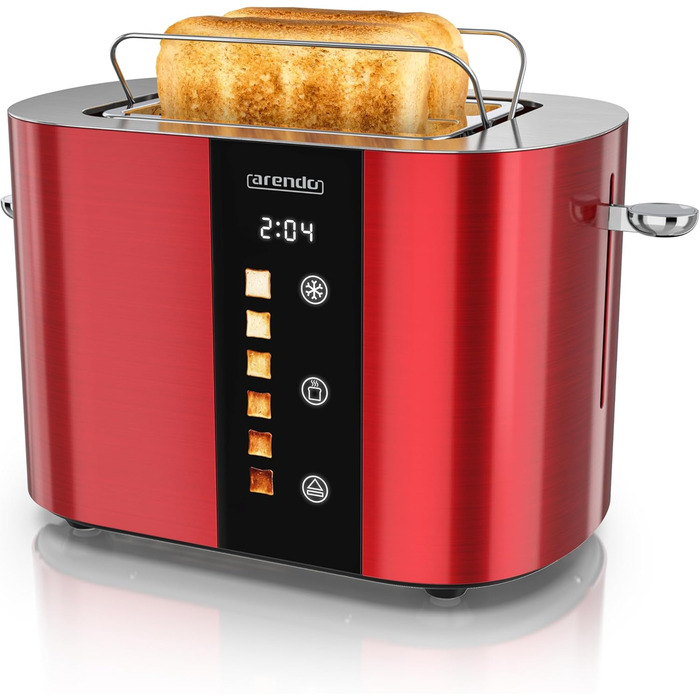 Тостер Arendo з нержавіючої сталі, 2 відділення, сенсорний дисплей, подвійні стінки, 800 Вт, підставка для тостів, 6 рівнів підсмажування, центрування хліба, індикатор часу, функція пам'яті (колір: кармінний)