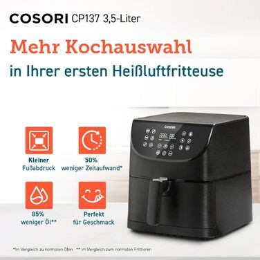 Аерофритюрниця COSORI 3,5 л з мультифункціями, 13 програм, 1500 Вт, цифровий дисплей, рецетпник німецькою, режим розігріву та підтримки тепла, Shake-режим, для 1-3 осіб
