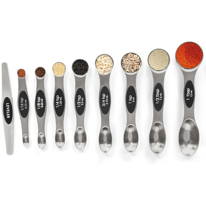 Magnetic Measuring Spoon Set, Stainless Steel with Leveler, 9-Piece, Stackable, Metal, Measuring Spoons for Baking, Measuring Cups and Spoons, Kitchen Gadgets, Home Accessories, Fits in Spice Jars