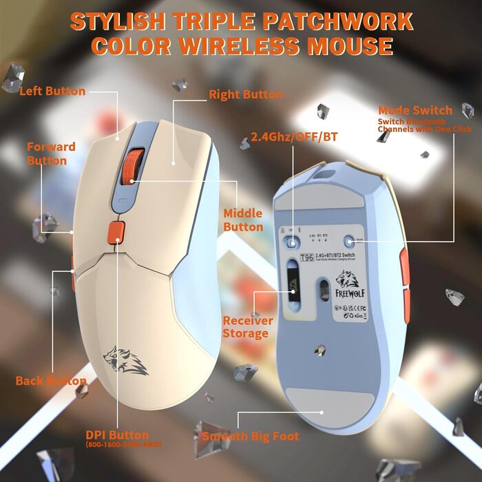 Бездротова клавіатура та миша FREEWOLF T96 з Bluetooth/2.4G, PBT-клавіші, дисплеєм, тихими клавішами, Anti-Ghosting, QWERTY (Heidelbeere)