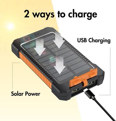 Портативний зарядний пристрій Solar Powerbank 8000 mAh з ліхтариком, чорно-помаранчевий, заряджає 2 пристрої (2x USB Type-A)