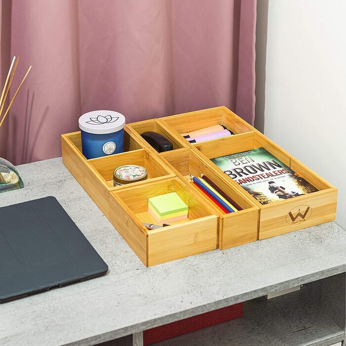 Bamboo Drawer Organizers, 5-Piece Set, with Various Compartments and Removable Dividers, Set of 5 Sturdy Wooden Storage Boxes with Extra Foot Pads for Home and Office