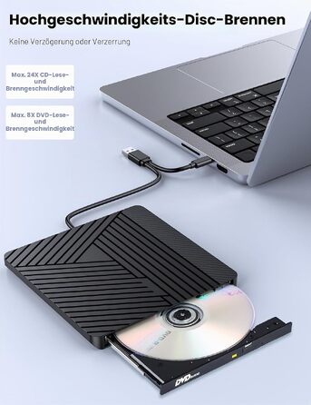 Зовнішній CD/DVD привід MOSWAG USB 3.0 та Type-C, оптичний багатофункціональний накопичувач +/-RW для PC, Mac, MacBook Pro, Linux, Win 11/10, чорний