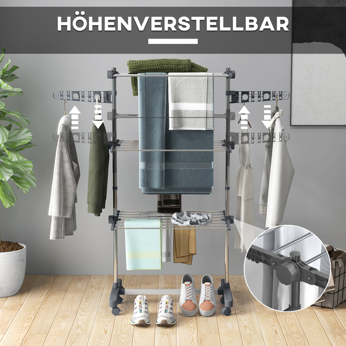 HOMCOM Clothes Dryer Tower Clothes Rack with Wheels, 3 Levels, Foldable Standing Dryer with Side Wings, Clothes Tower, Steel, Grey | Aosom