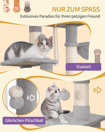 Двоповерховий комплекс для котів з 5 стовпчиками для шліфування, платформами, будиночком, помпонами, сірий (149см)