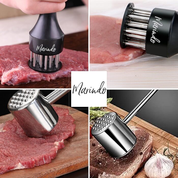 Набір Fleischklopfer Marindo: м'ясорубка, щітка для чищення та подвійний м'ясорубка з нержавіючої сталі | М'ясорубка, молоток для м'яса, мийка в посудомийній машині | М'ясорубка з 20 лезами з нержавіючої сталі