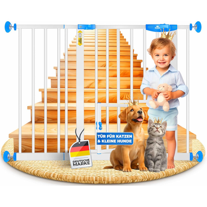 Захисне ворота KIDIZ для дітей з люком для котів, без свердління | Захист від падіння, поворотне, біле | Ширина: 102-115 см, блакитне