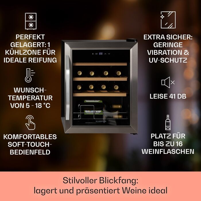 Klarstein Wine & Beverage Refrigerator - 1 Zone, UV Protection, 5-18°C, 16 Bottle Capacity, Freestanding, Silver & Black