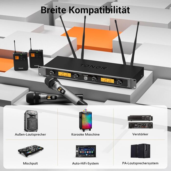 TONOR Бездротовий мікрофонний комплект UHF з 4 каналами: ручний, нагрудний, наголовний мікрофон, 90 м радіус дії, для співу, караоке, 2 ручні мікрофони та 2 нагрудні передавачі