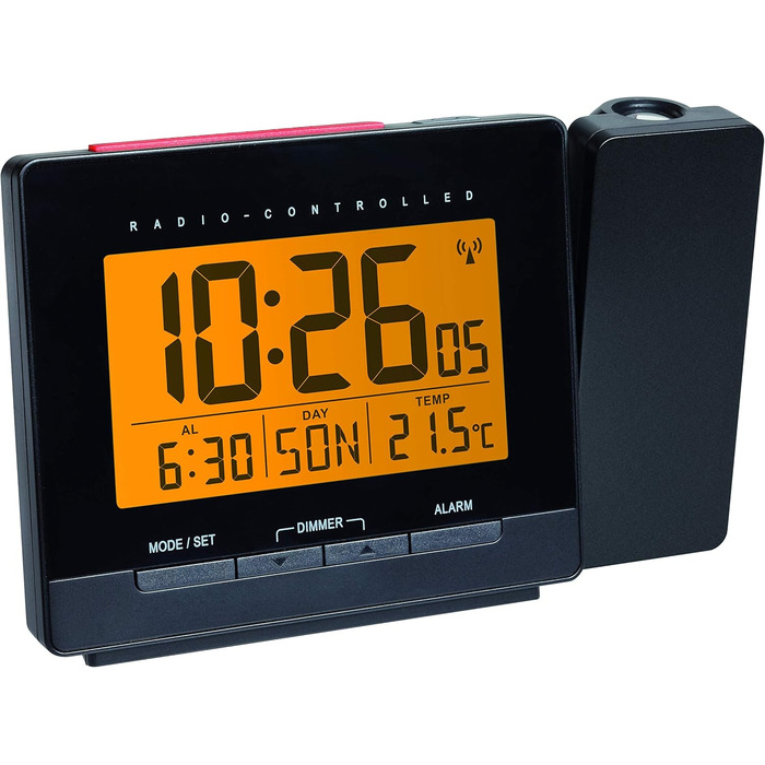 TFA Dostmann Projection Alarm Clock, Radio-Digital Alarm Clock with Projection, 60.5016, with Temperature Display, Snooze, Multi-Language Weekday, Adjustable Display Illumination, Black