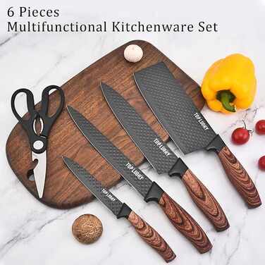 Набір кухонних ножів, 6 предметів, чорний, гострий, з антипригарним покриттям, нержавіюча сталь, з підставкою для ножів (чорний)