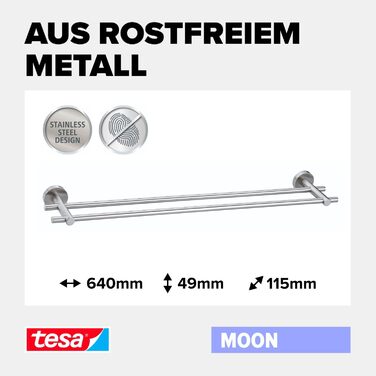 tesa Moon Double Towel Rail, Chrome - Towel Holder with 2 Bars - for Wall Mounting without Drilling, incl. Adhesive Solution - 640mm x 49mm x 115mm