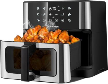 Фритюрниця повітряна LEHMANN з 2 камерами, 2400 Вт, AirFryer XXL з 12 програмами, до 200°C, WiFi, 10л, з вікном, для смаження, випікання, сушіння, грилю
