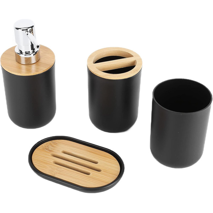 Набір аксесуарів для ванної кімнати на 4 частини (тримач для зубних щіток, мильниця, дозатор для лосьйону, стакан для ополіскувача), сучасний дизайн, чорний колір