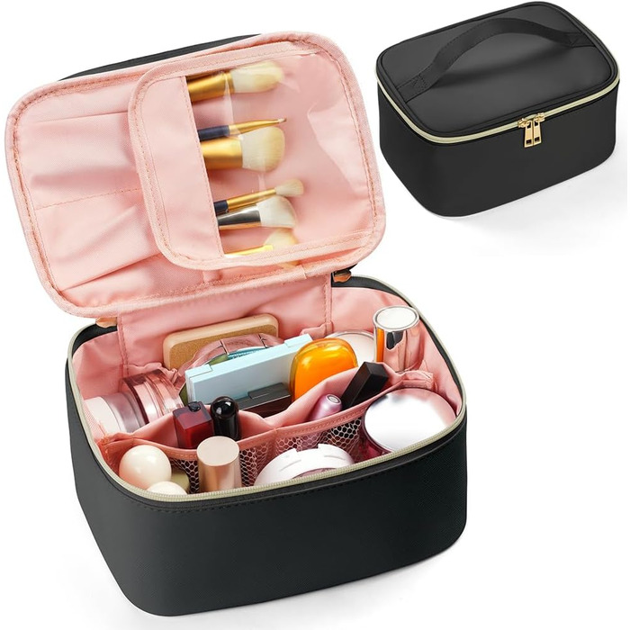 Велика косметичка для жінок, дорожня косметичка з відділеннями, шкіряна, чорна. Водостійка косметичка для макіяжу та аксесуарів.