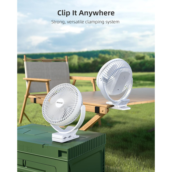 Вентилятор Koonie 10000 mAh з кліпсою, 20 см, портативний USB, акумуляторний, 4 швидкості, 360° оберт, тихий, для дому, офісу, дитячої коляски, кемпінгу, гроубокса (білий)