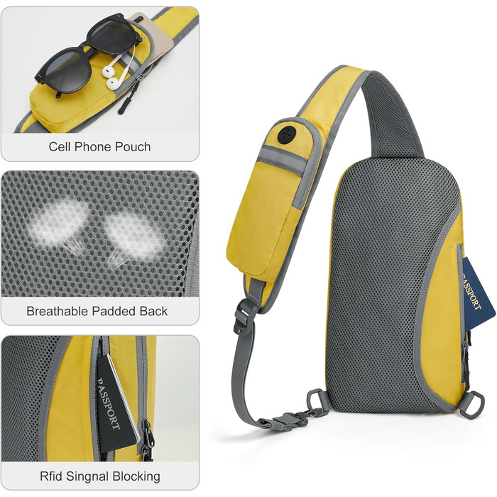 Жовта сумка G4Free на плече, RFID-захистом, кросбоді-рюкзак з передньою кишенею, для походів, щоденний рюкзак, нагрудна кишеня для жінок та чоловіків